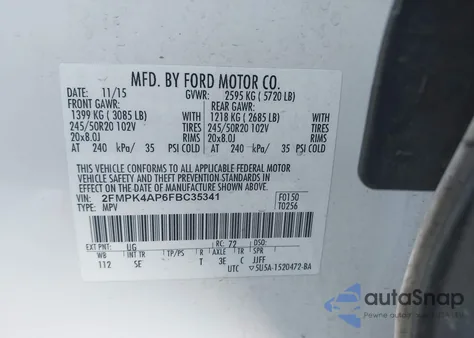 2015 Ford Edge Sport z USA, uszkodzony, nr VIN 2FMPK4AP6FBC35341